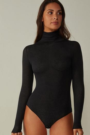 Intimssimi High Collar Bodysuit in Modal Ultralight with Cashmere Negras | TPEWZ17114