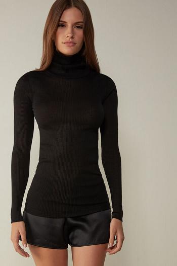 Intimssimi Long-sleeve High-Neck Tubular Top in Lana and Silk Negras | SPENY84649