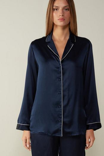 Intimssimi Mannish-Cut Jacket in Silk Satin Azules | PEDFL79649