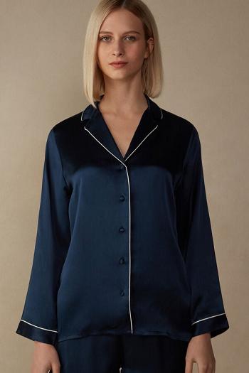 Intimssimi Mannish-Cut Jacket in Silk Satin Azules | PEZPD32806