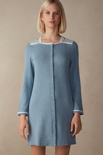 Intimssimi Romantic Bedroom Button Up Night Shirt in Modal with Lana Azules Claro | PEDYB14593