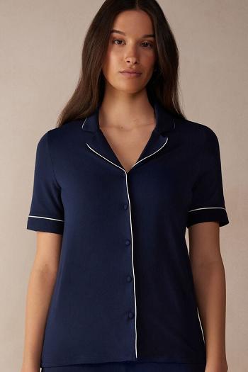 Intimssimi Short Sleeve Button Up Shirt in Modal Azules | PEJBT87264