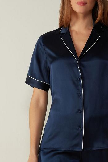 Intimssimi Short Sleeve Silk Shirt with Contrast Trim Azules | MPEFT45725