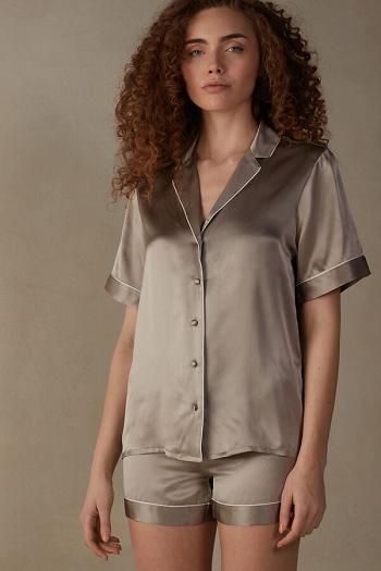 Intimssimi Short Sleeve Silk Shirt with Contrast Trim Natural | QPEUV46085