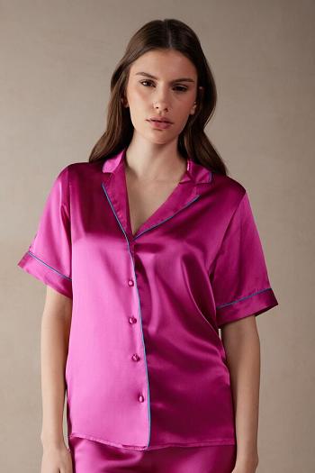 Intimssimi Short Sleeve Silk Shirt with Contrast Trim Rosas | QPEUV97863