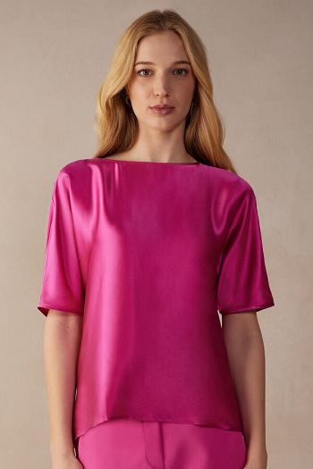 Intimssimi Short Sleeve Silk and Modal Top Rosas | SPENY22268