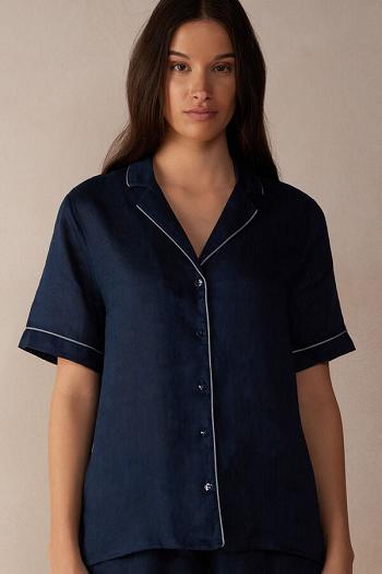 Intimssimi Yacht Night Linen Short Sleeve Shirt Azules | PEQCS29410