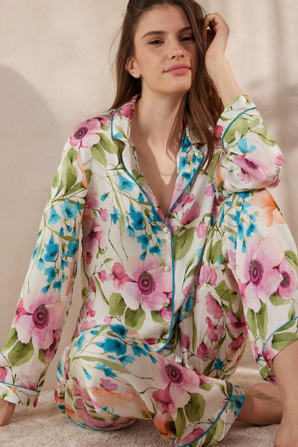 Intimssimi Botanical Lyrics Satin Button Up Shirt Print | PEJKU80598