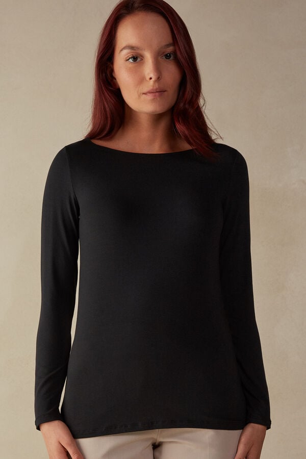 Intimssimi Long Sleeve Bateau Neck Top in Micromodal Negras | MPEHR80696