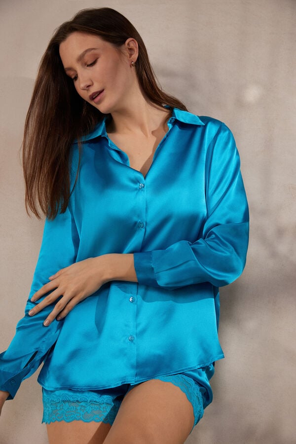 Intimssimi Long Sleeve Silk Shirt Azules | PECIF90338