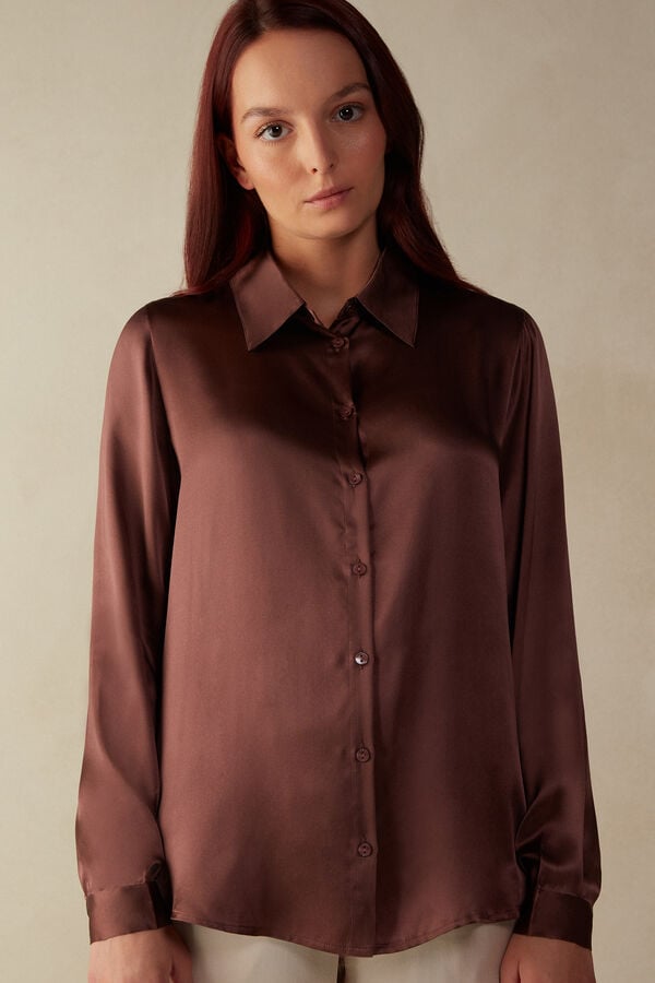 Intimssimi Long Sleeve Silk Shirt Marrones | PEQCS55554