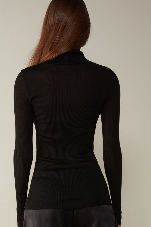 Intimssimi Long-sleeve High-Neck Tubular Top in Lana and Silk Negras | SPENY84649