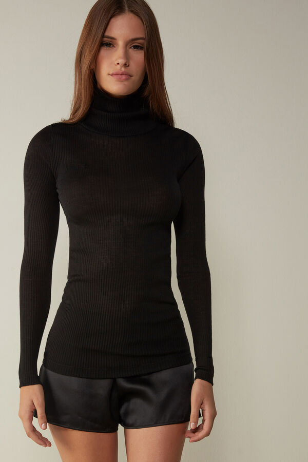 Intimssimi Long-sleeve High-Neck Tubular Top in Lana and Silk Negras | SPENY84649