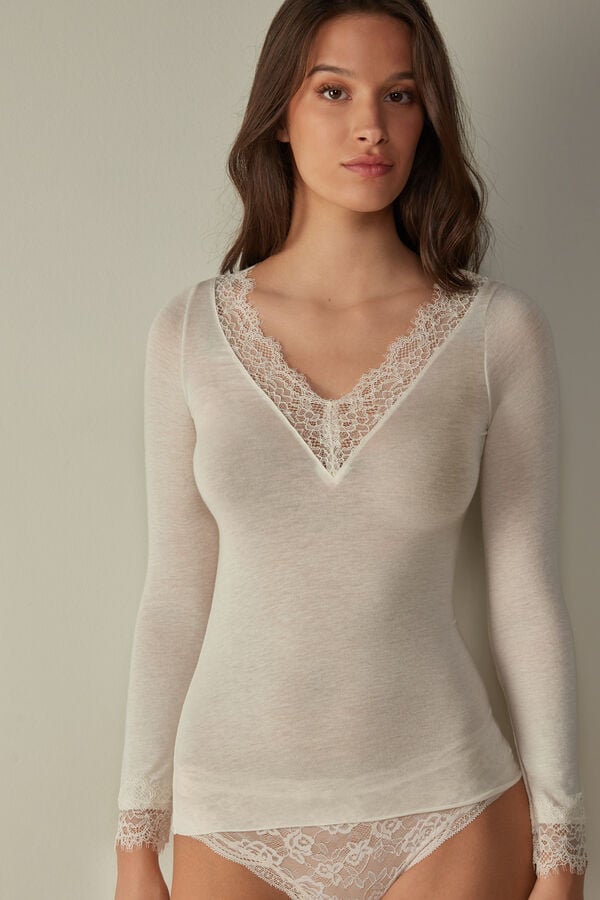 Intimssimi Modal Cashmere Ultralight Long Lace Shirt Blancas | PEXMI14654