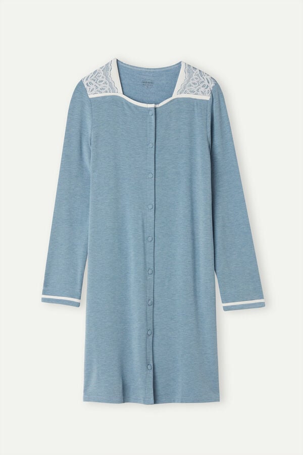 Intimssimi Romantic Bedroom Button Up Night Shirt in Modal with Lana Azules Claro | PEDYB14593