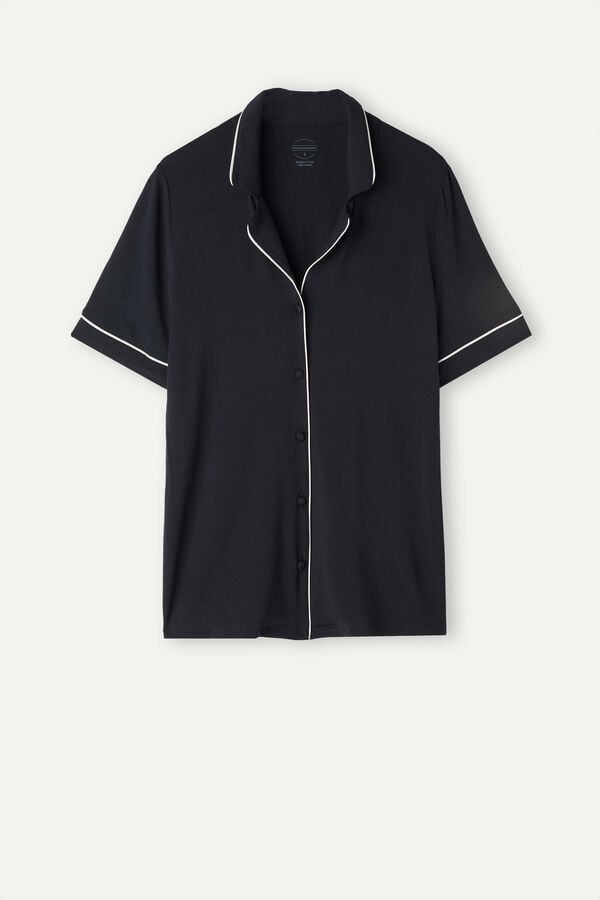 Intimssimi Short Sleeve Button Up Shirt in Modal Negras | GPEEC74806