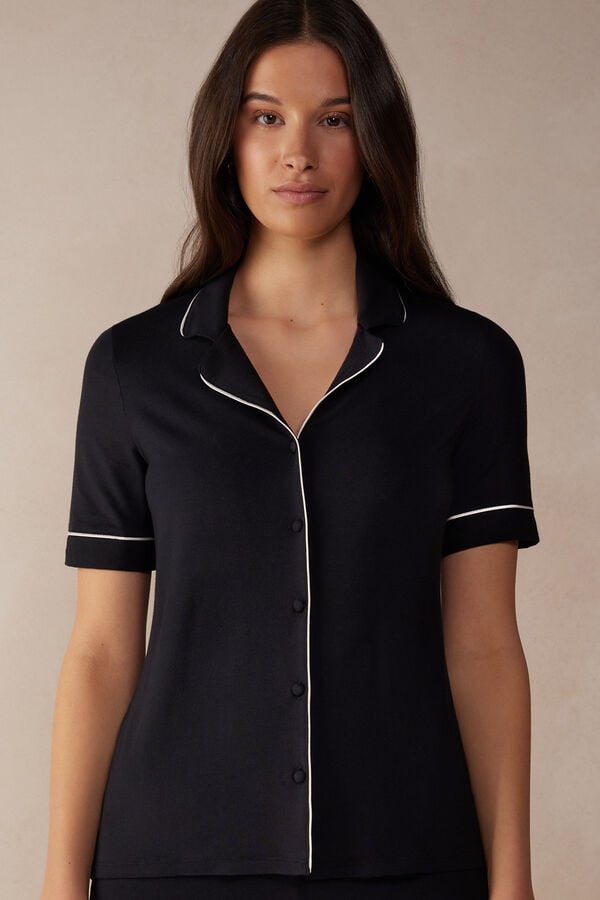 Intimssimi Short Sleeve Button Up Shirt in Modal Negras | GPEEC74806