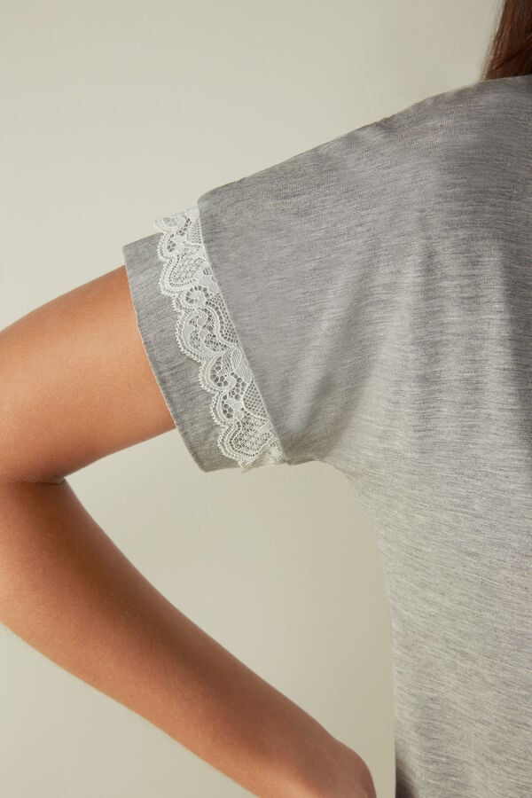 Intimssimi Short-Sleeve Modal Top with Lace Detail Gris | XPEBH27856