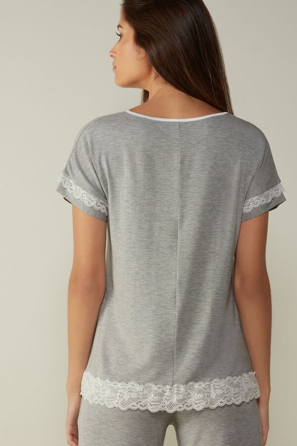 Intimssimi Short-Sleeve Modal Top with Lace Detail Gris | XPEBH27856