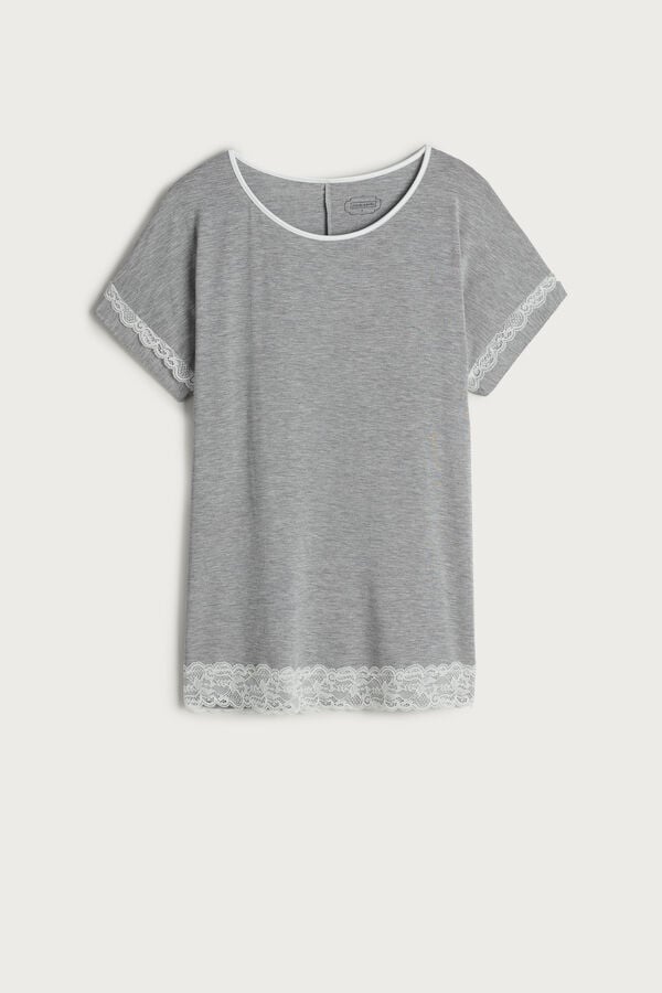 Intimssimi Short-Sleeve Modal Top with Lace Detail Gris | XPEBH27856