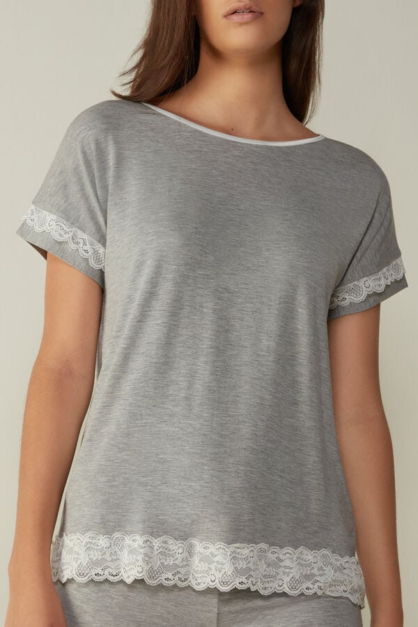 Intimssimi Short-Sleeve Modal Top with Lace Detail Gris | XPEBH27856