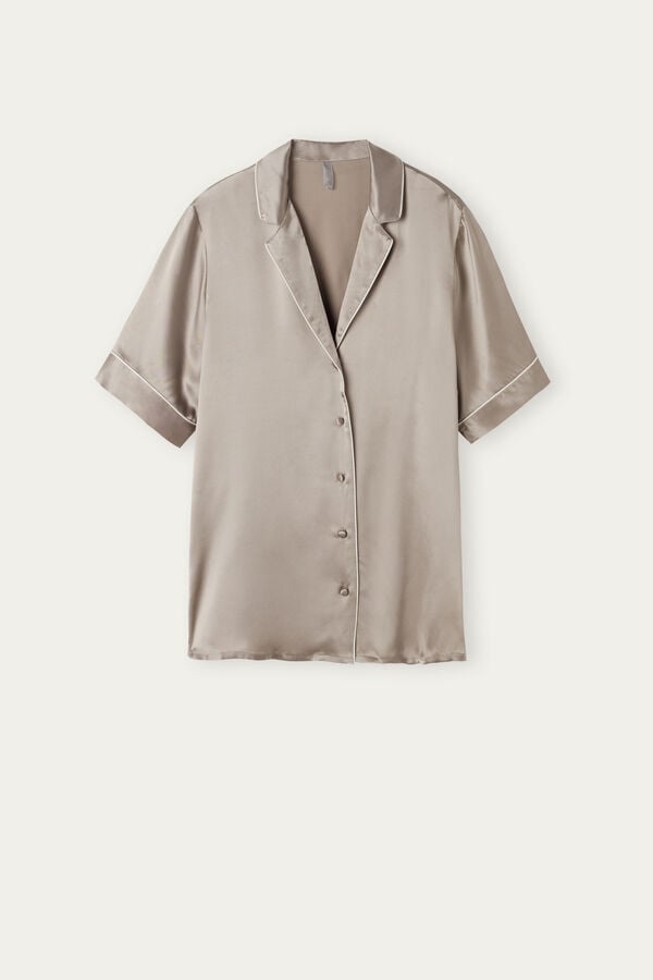 Intimssimi Short Sleeve Silk Shirt with Contrast Trim Natural | QPEUV46085