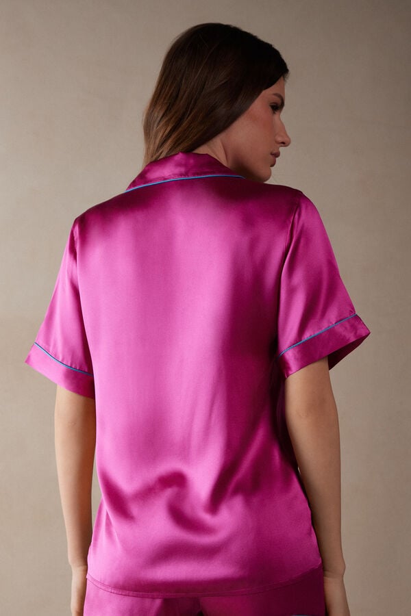 Intimssimi Short Sleeve Silk Shirt with Contrast Trim Rosas | QPEUV97863