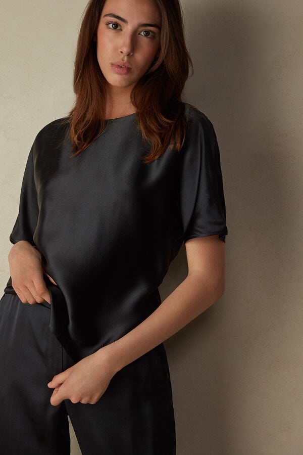 Intimssimi Short Sleeve Silk and Modal Top Negras | ZPEMJ98306