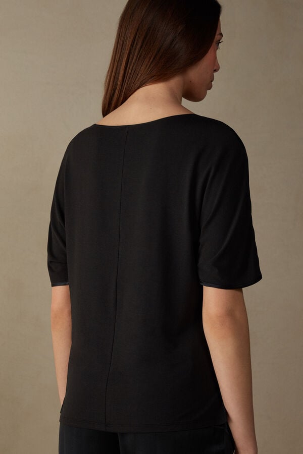 Intimssimi Short Sleeve Silk and Modal Top Negras | ZPEMJ98306