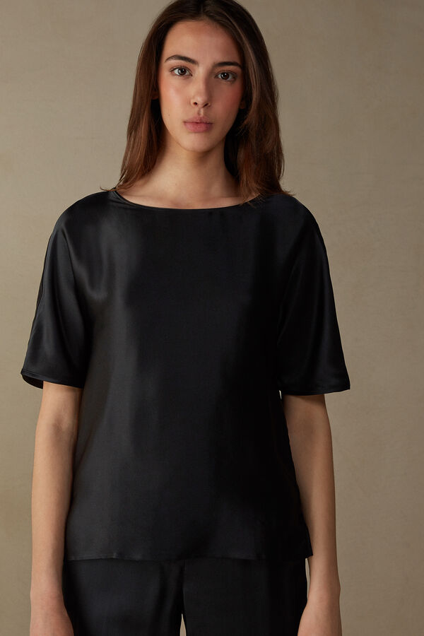 Intimssimi Short Sleeve Silk and Modal Top Negras | ZPEMJ98306