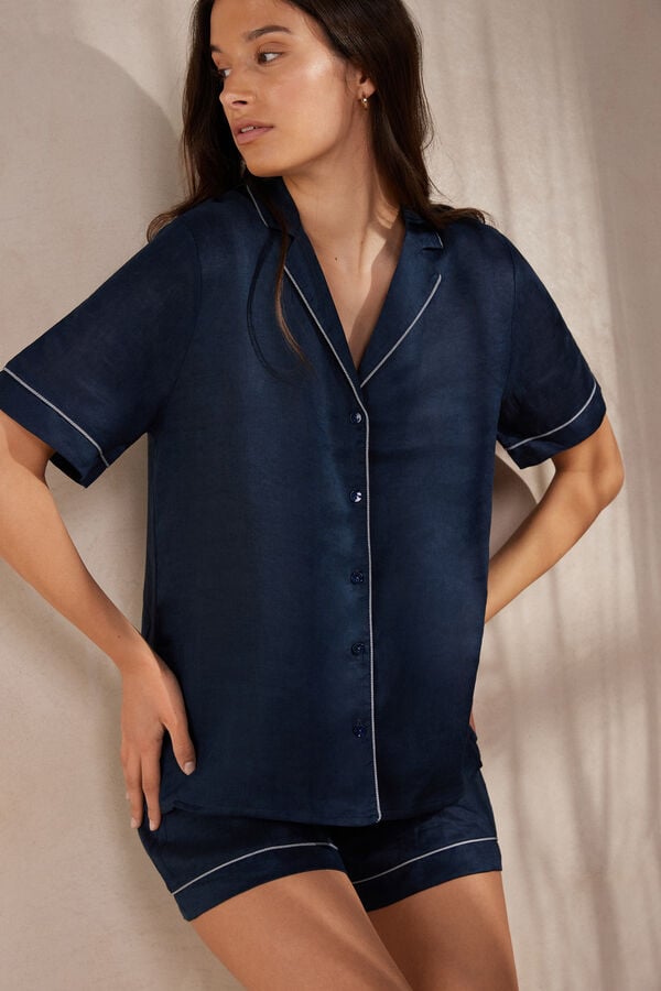 Intimssimi Yacht Night Linen Short Sleeve Shirt Azules | PEQCS29410